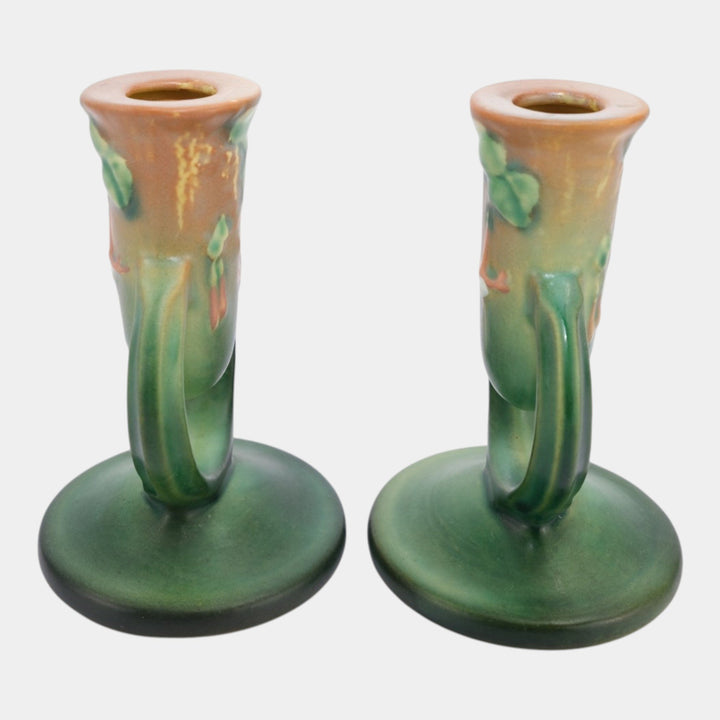 Roseville Fuchsia Green 1938 Vintage Art Pottery Ceramic Candle Holders 1133-5