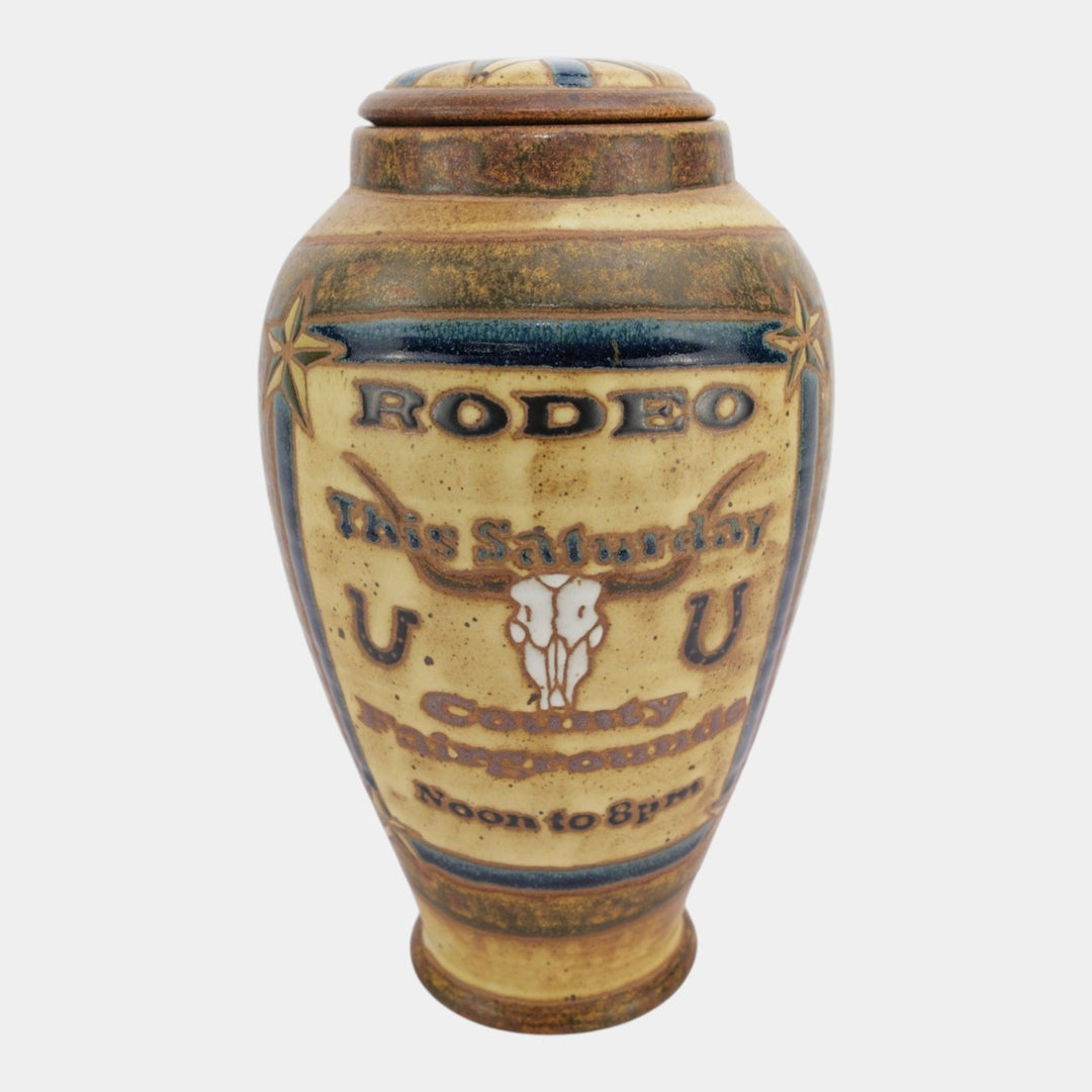Eric Olson Common Ground Pottery 2004 Ceramic Rodeo Cowboy Horse Lidded Vase