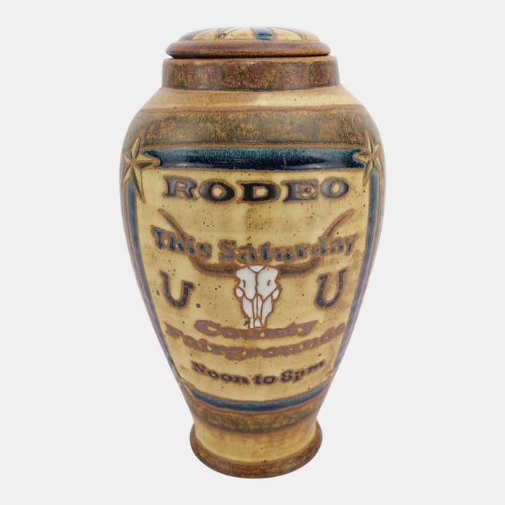 Eric Olson Common Ground Pottery 2004 Ceramic Rodeo Cowboy Horse Lidded Vase