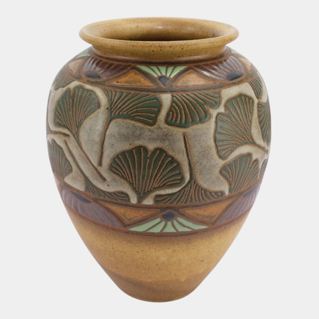 Common Ground Eric Olson Studio Art Pottery 2004 Green Gingko Leaf Ceramic Vase