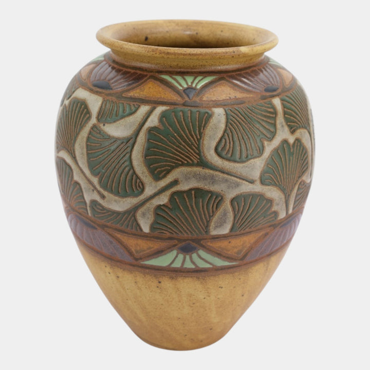 Common Ground Eric Olson Studio Art Pottery 2004 Green Gingko Leaf Ceramic Vase
