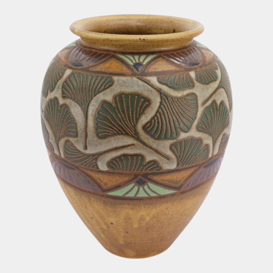Common Ground Eric Olson Studio Art Pottery 2004 Green Gingko Leaf Ceramic Vase