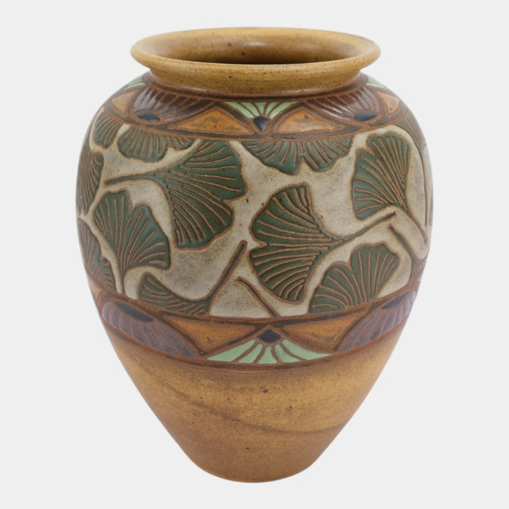 Common Ground Eric Olson Studio Art Pottery 2004 Green Gingko Leaf Ceramic Vase