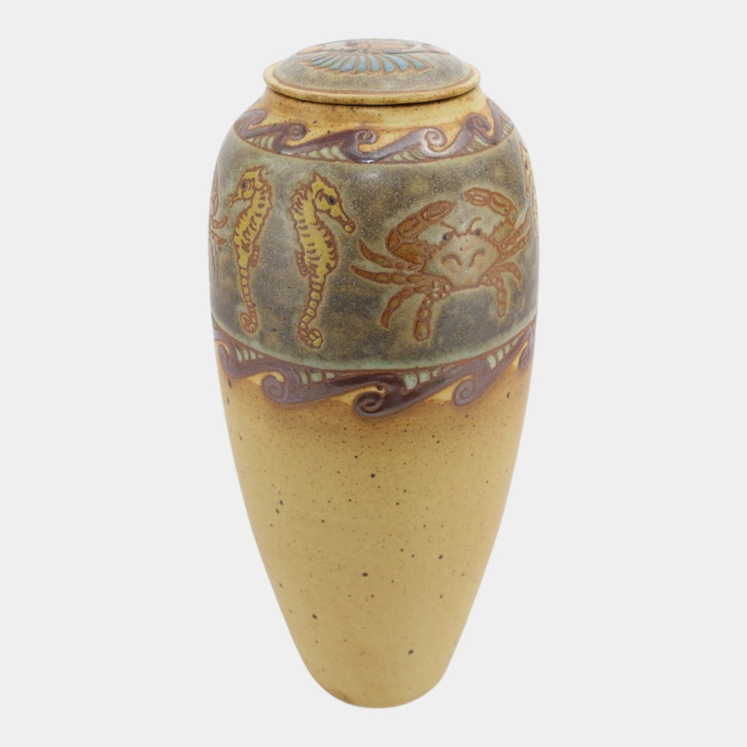 Eric Olson Common Ground Pottery 2005 Ceramic Seahorse Crab Scarab Lidded Vase