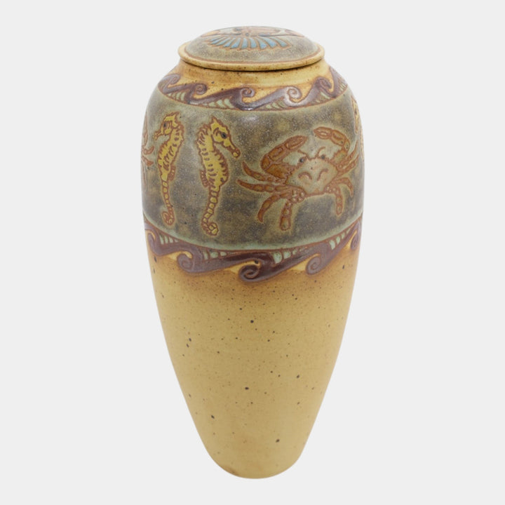 Eric Olson Common Ground Pottery 2005 Ceramic Seahorse Crab Scarab Lidded Vase