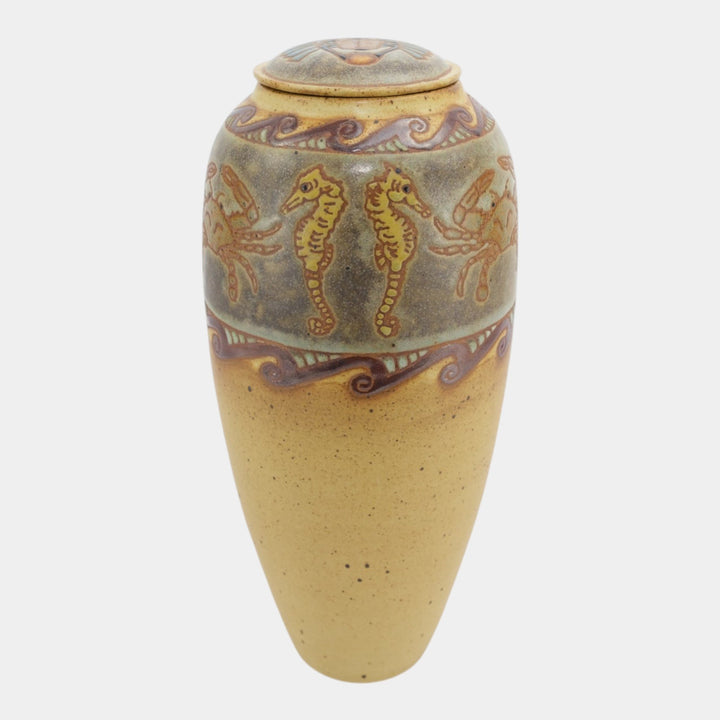 Eric Olson Common Ground Pottery 2005 Ceramic Seahorse Crab Scarab Lidded Vase