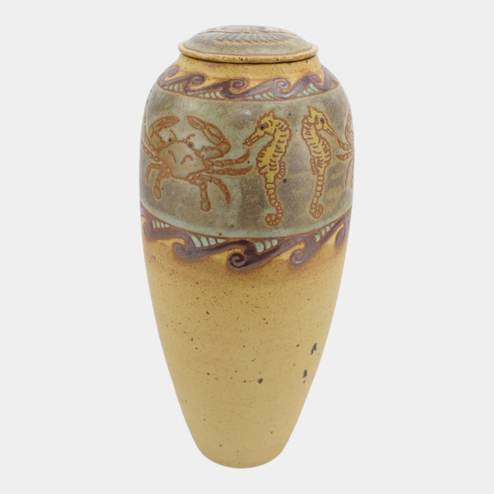 Eric Olson Common Ground Pottery 2005 Ceramic Seahorse Crab Scarab Lidded Vase