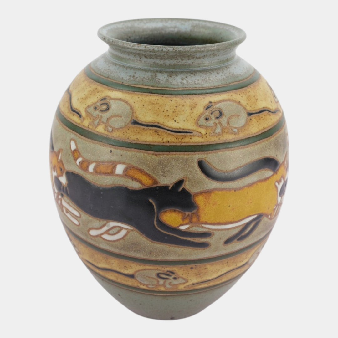 Eric Olson Common Ground Pottery 2007 Ceramic Cats And Mice Banded Bulbous Vase