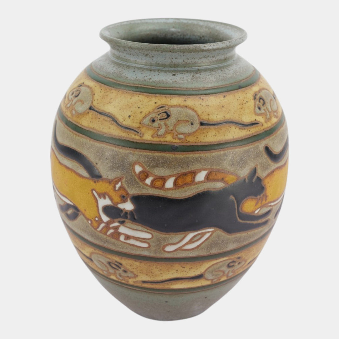 Eric Olson Common Ground Pottery 2007 Ceramic Cats And Mice Banded Bulbous Vase