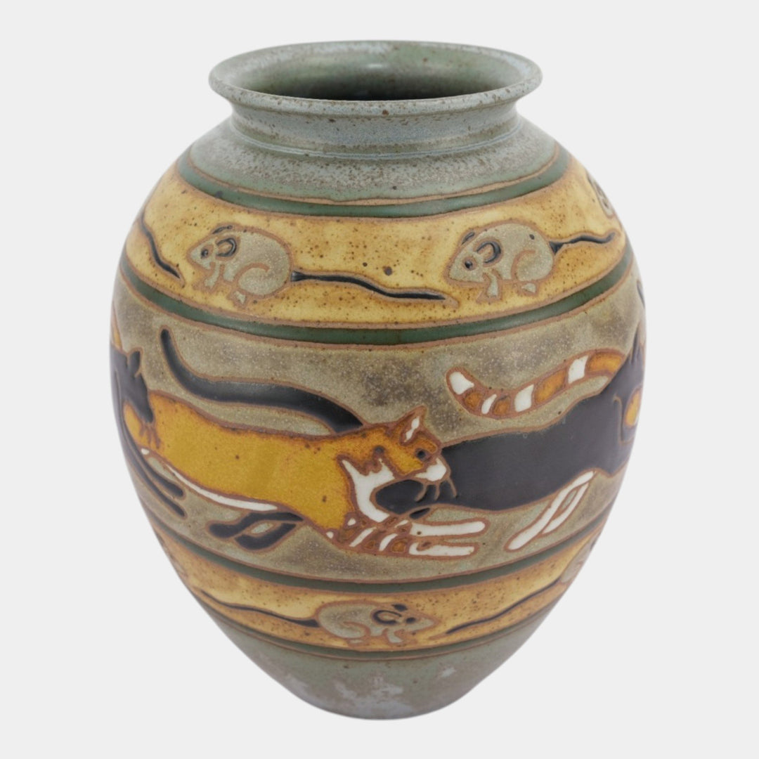 Eric Olson Common Ground Pottery 2007 Ceramic Cats And Mice Banded Bulbous Vase