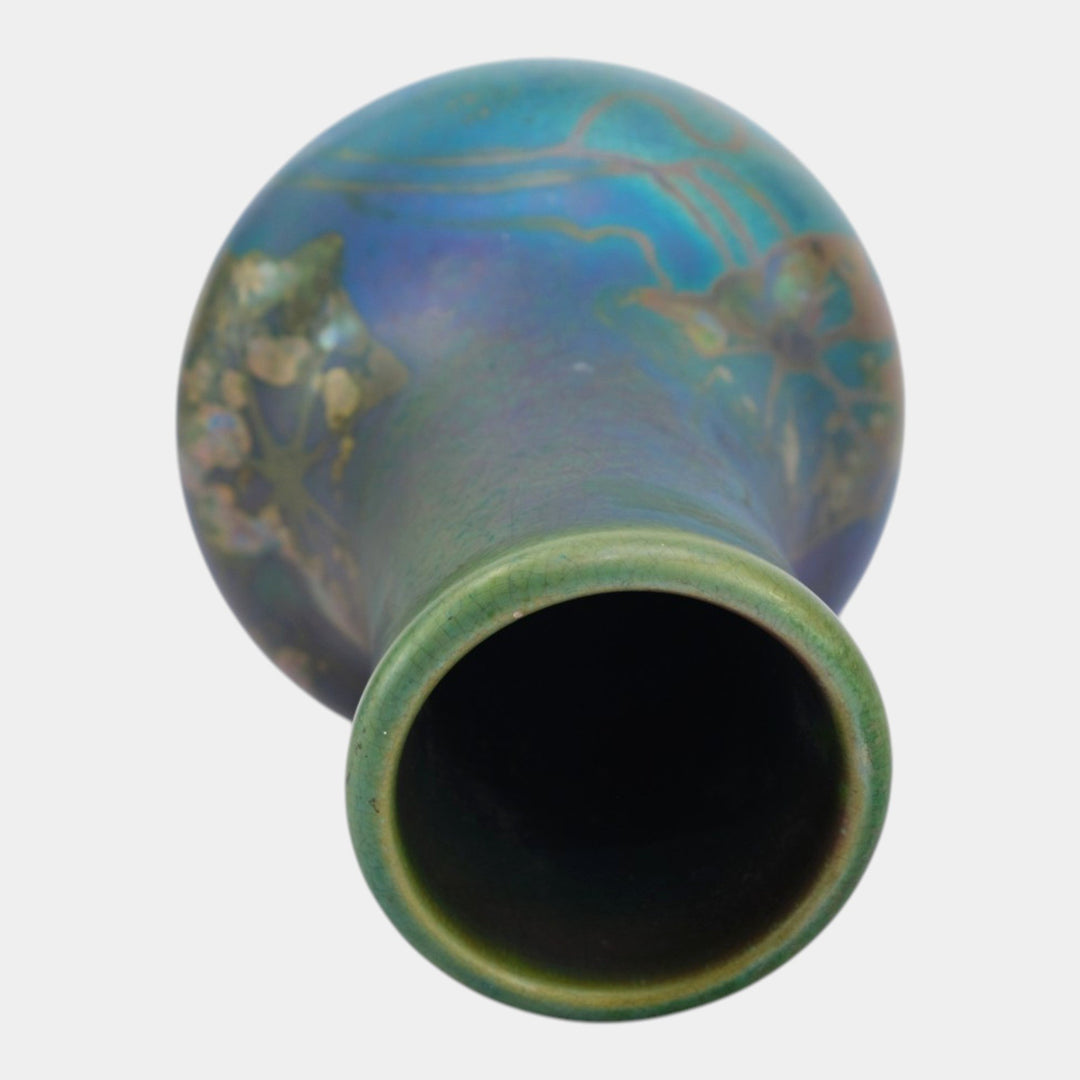 Weller Sicard 1902-07 Art Nouveau Pottery Green Iridescent Luster Floral Vase
