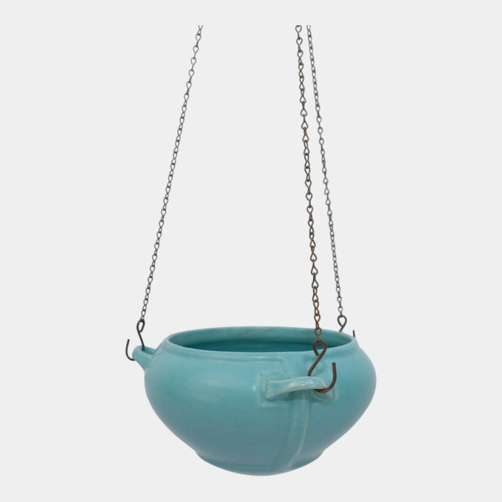Roseville Rosecraft Colors Turquoise 1921 Art Deco Hanging Basket Planter 364-5