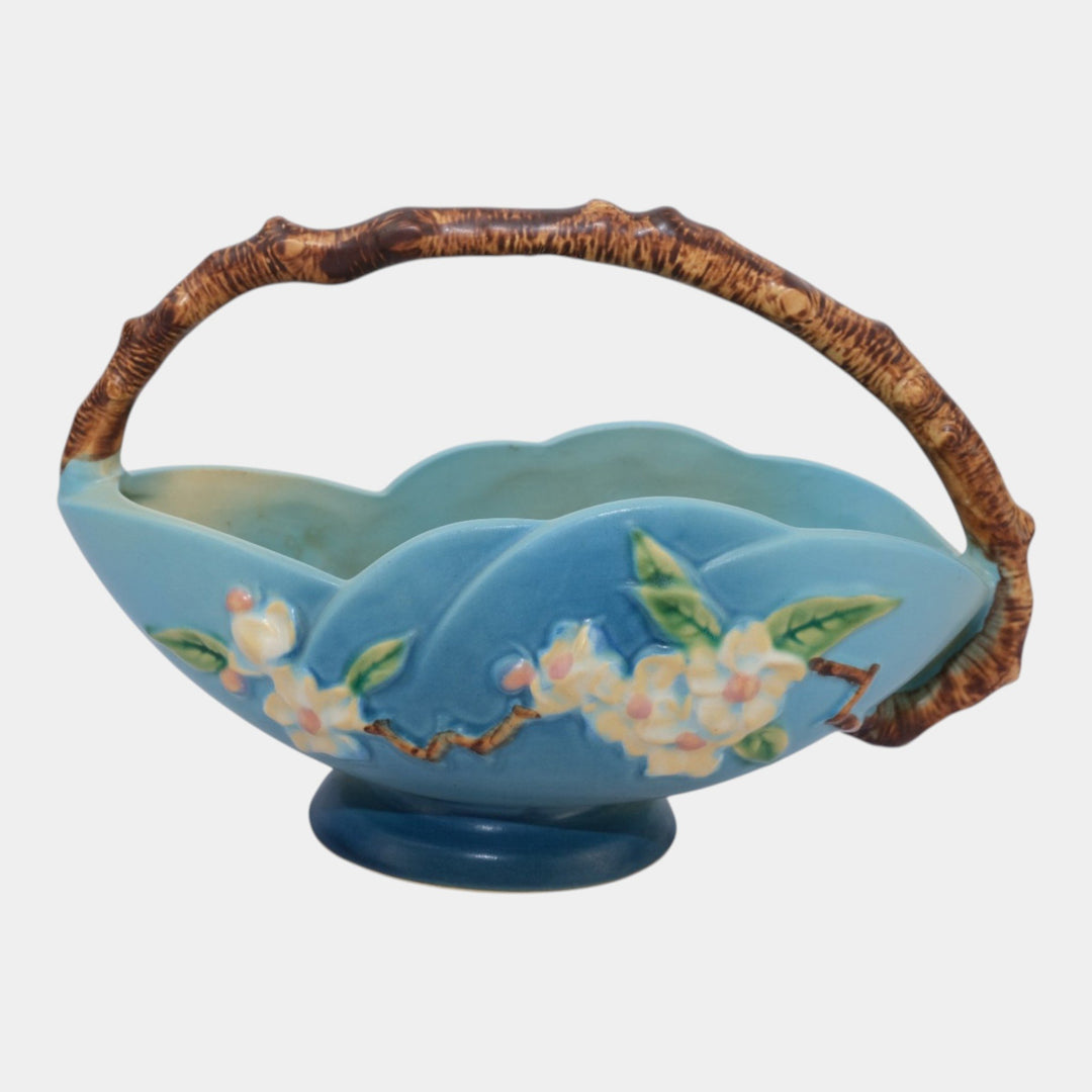 Roseville Apple Blossom Blue 1949 Vintage Art Pottery Ceramic Basket 310-10