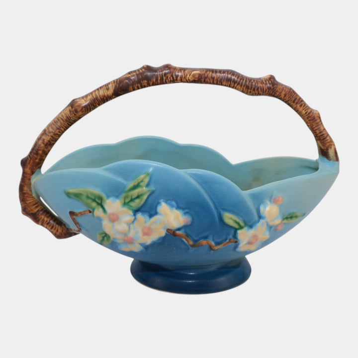 Roseville Apple Blossom Blue 1949 Vintage Art Pottery Ceramic Basket 310-10