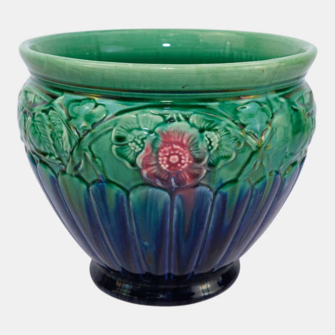Weller Flemish Blended Majolica 1900s Art Pottery Green Blue Large Jardiniere