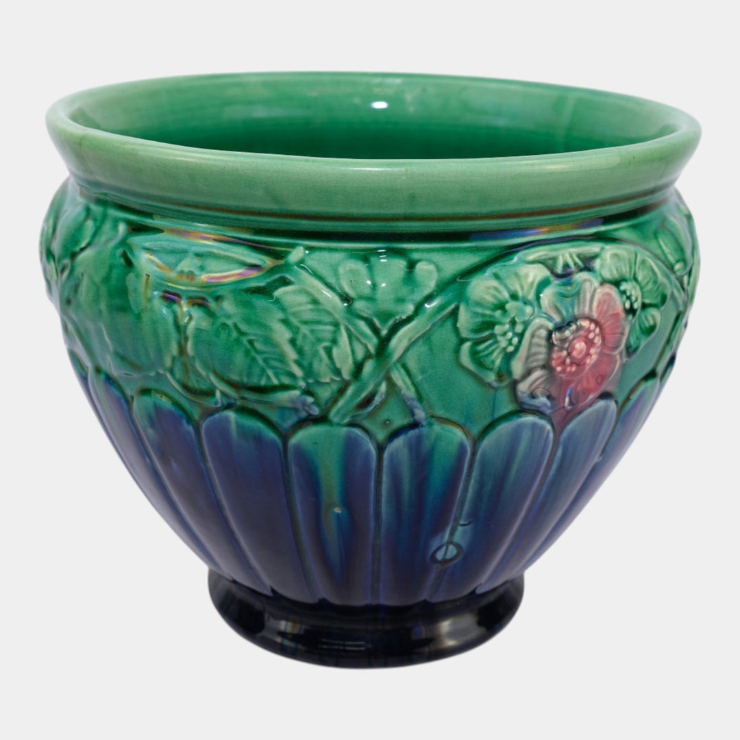 Weller Flemish Blended Majolica 1900s Art Pottery Green Blue Large Jardiniere