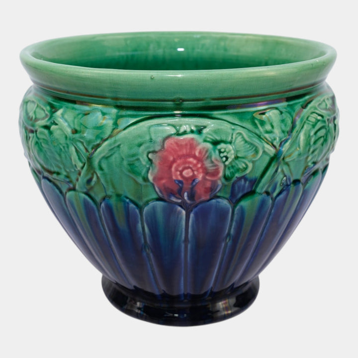 Weller Flemish Blended Majolica 1900s Art Pottery Green Blue Large Jardiniere