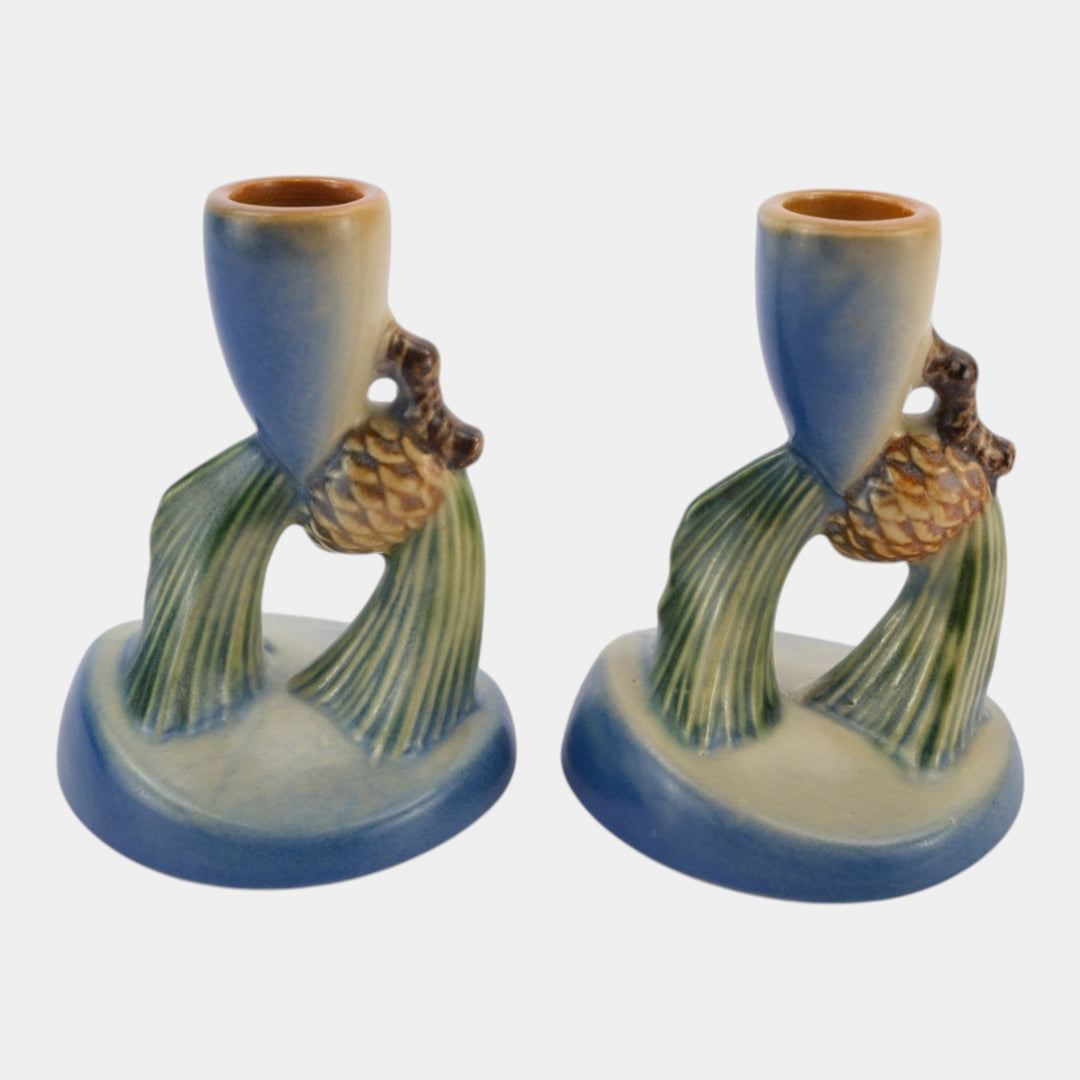 Roseville Pine Cone Blue 1953 Vintage Art Pottery Ceramic Candle Holders 451-4