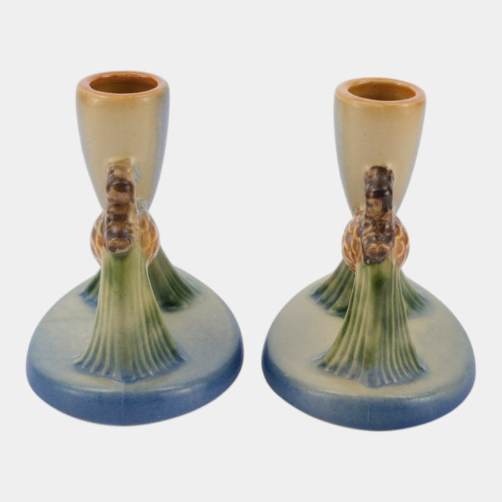 Roseville Pine Cone Blue 1953 Vintage Art Pottery Ceramic Candle Holders 451-4