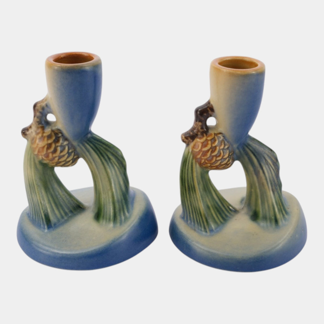 Roseville Pine Cone Blue 1953 Vintage Art Pottery Ceramic Candle Holders 451-4