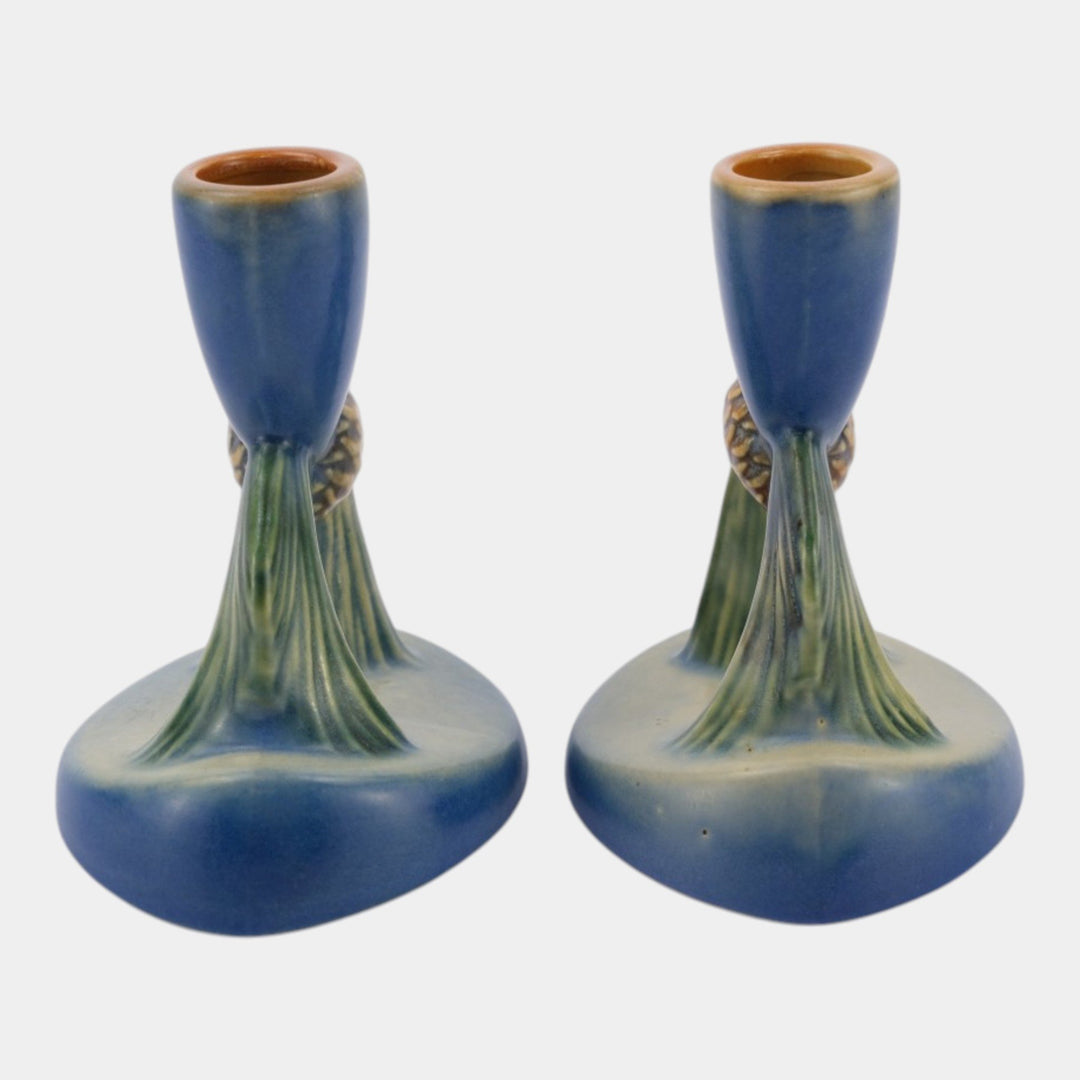 Roseville Pine Cone Blue 1953 Vintage Art Pottery Ceramic Candle Holders 451-4