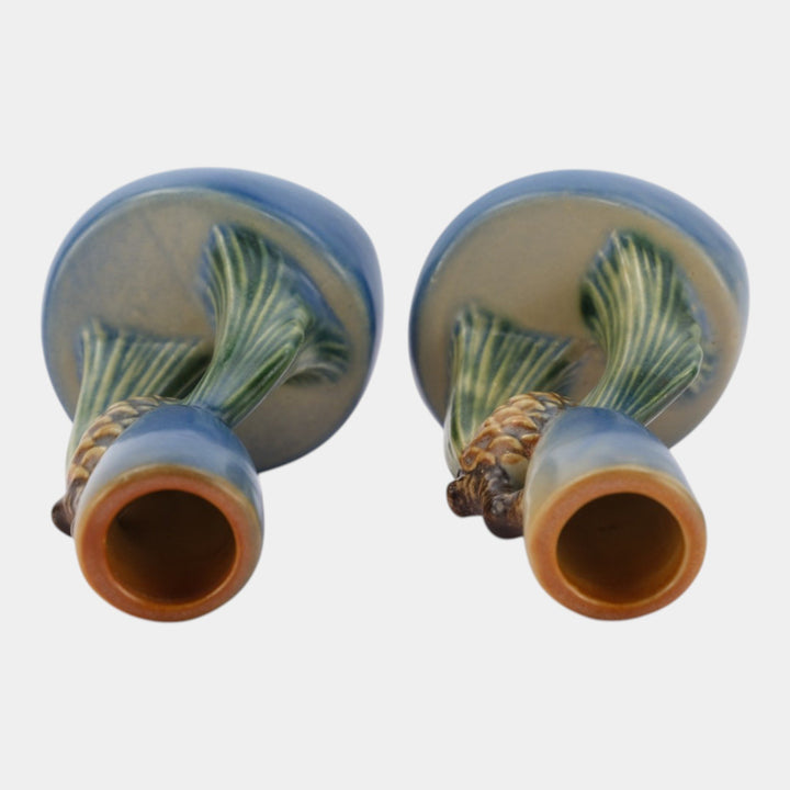 Roseville Pine Cone Blue 1953 Vintage Art Pottery Ceramic Candle Holders 451-4