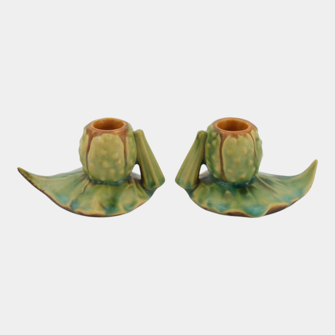 Roseville Thornapple Brown Green 1937 Vintage Deco Pottery Candle Holders 1117