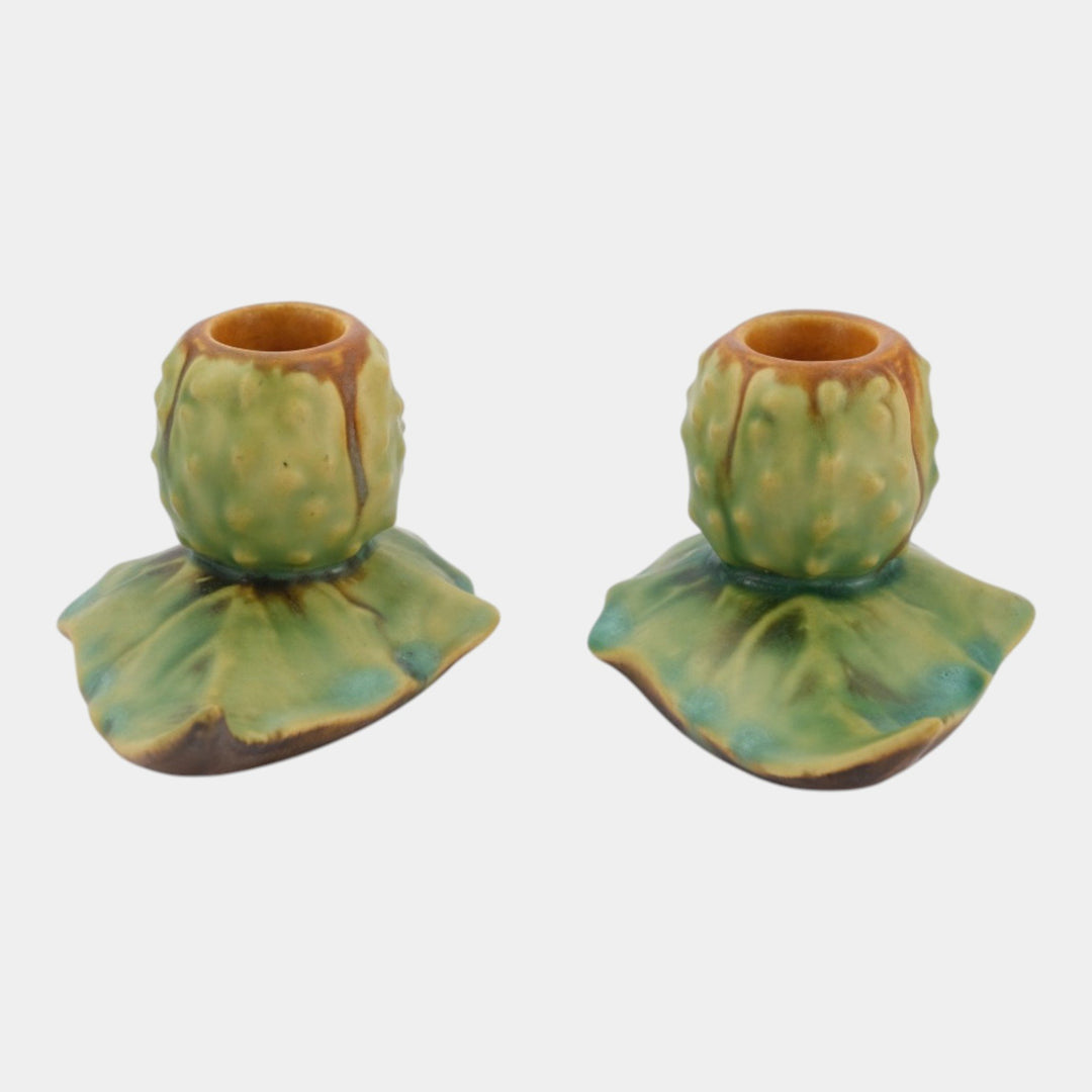 Roseville Thornapple Brown Green 1937 Vintage Deco Pottery Candle Holders 1117