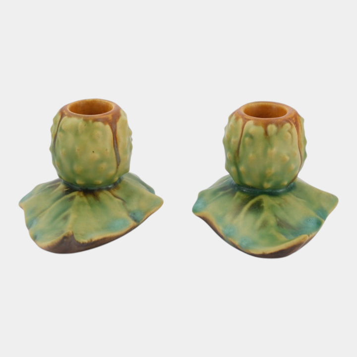 Roseville Thornapple Brown Green 1937 Vintage Deco Pottery Candle Holders 1117