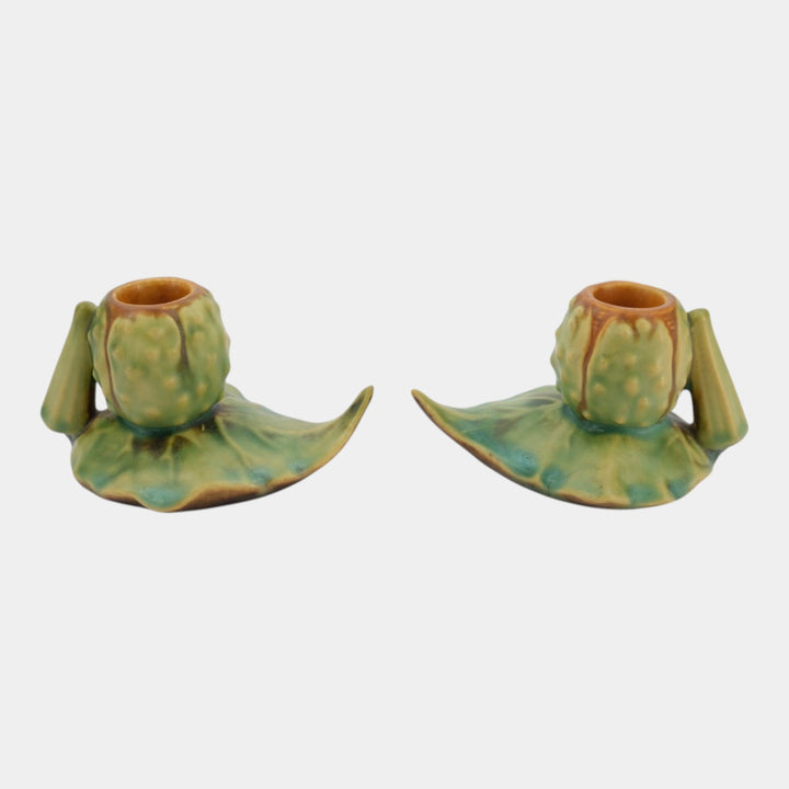 Roseville Thornapple Brown Green 1937 Vintage Deco Pottery Candle Holders 1117