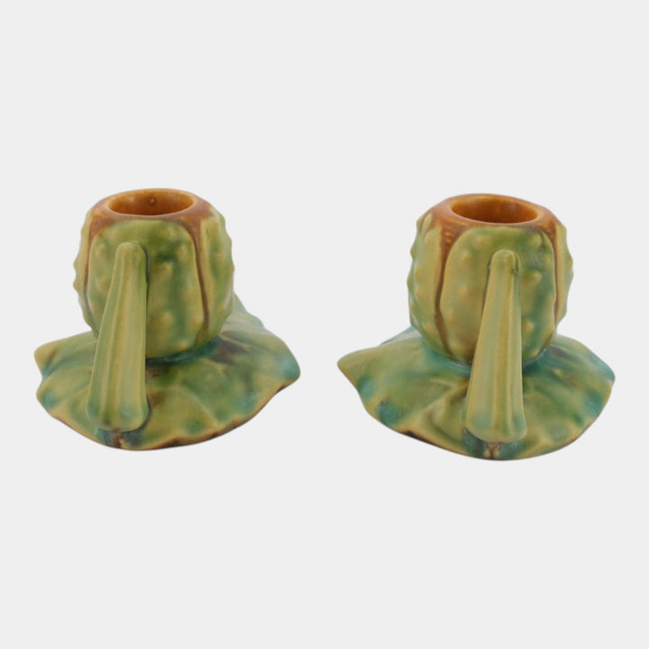 Roseville Thornapple Brown Green 1937 Vintage Deco Pottery Candle Holders 1117