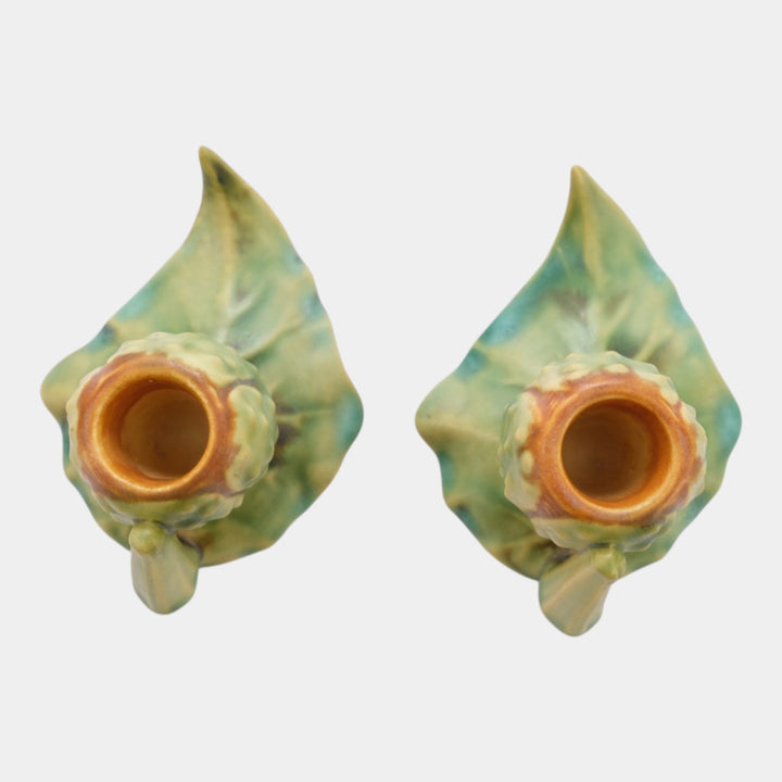 Roseville Thornapple Brown Green 1937 Vintage Deco Pottery Candle Holders 1117