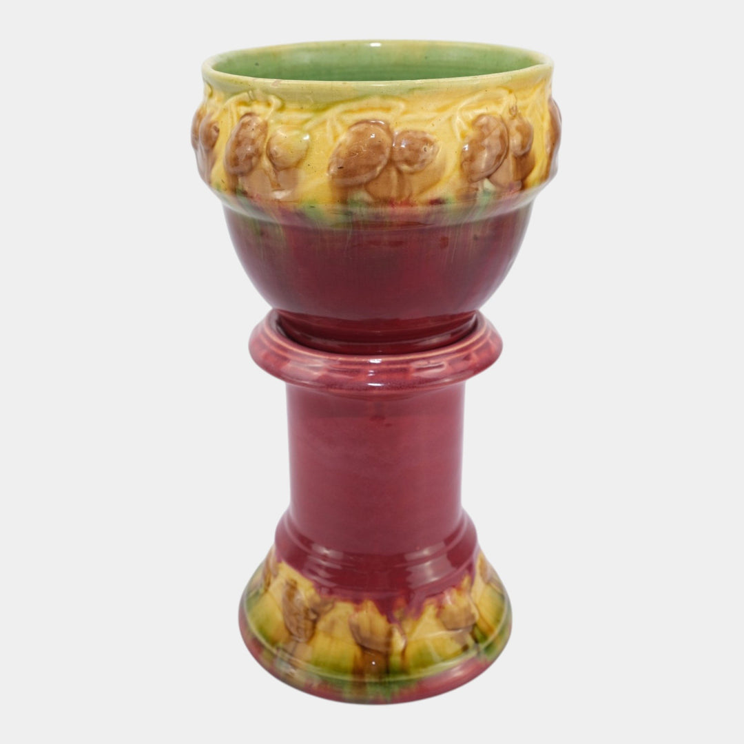 Roseville Blended Majolica Early 1900s Red Pine Cone Jardiniere And Pedestal 477