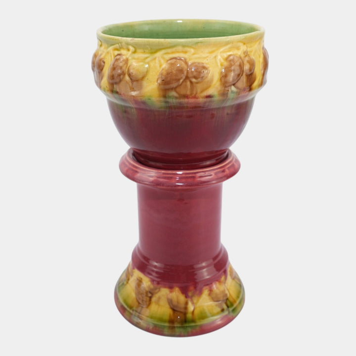 Roseville Blended Majolica Early 1900s Red Pine Cone Jardiniere And Pedestal 477