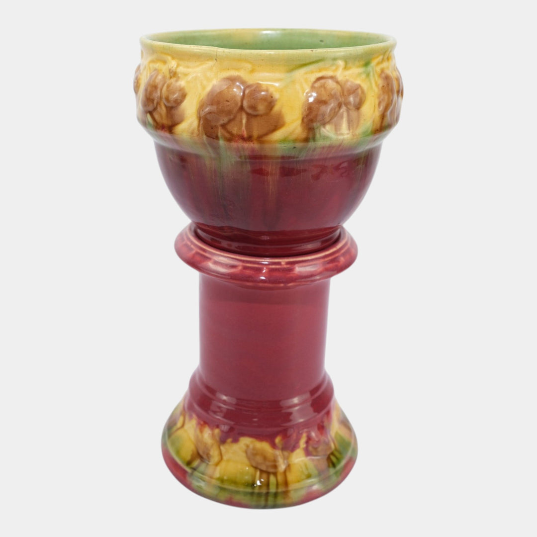 Roseville Blended Majolica Early 1900s Red Pine Cone Jardiniere And Pedestal 477