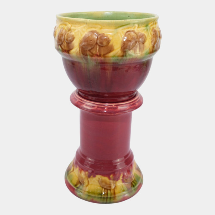 Roseville Blended Majolica Early 1900s Red Pine Cone Jardiniere And Pedestal 477