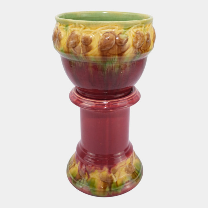 Roseville Blended Majolica Early 1900s Red Pine Cone Jardiniere And Pedestal 477