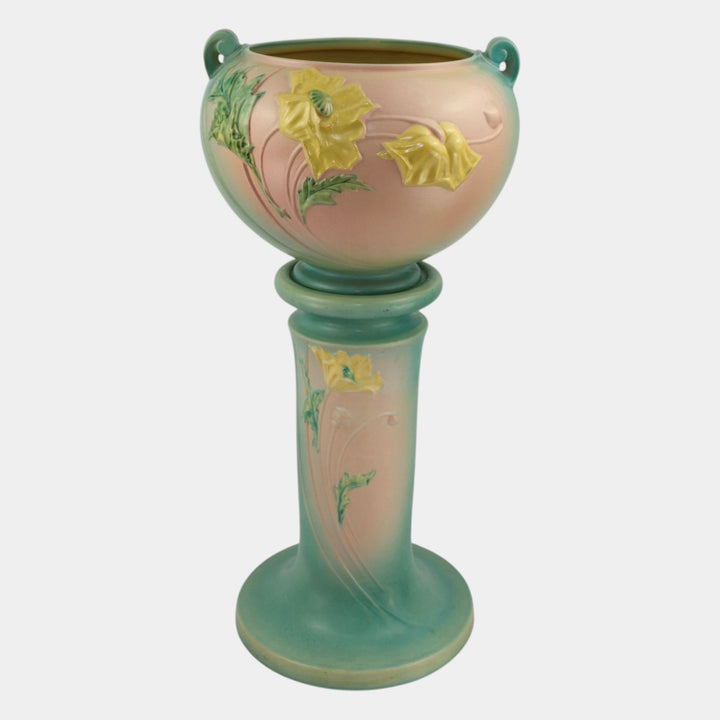 Roseville Poppy Green 1938 Vintage Art Pottery Jardiniere And Pedestal 642-10