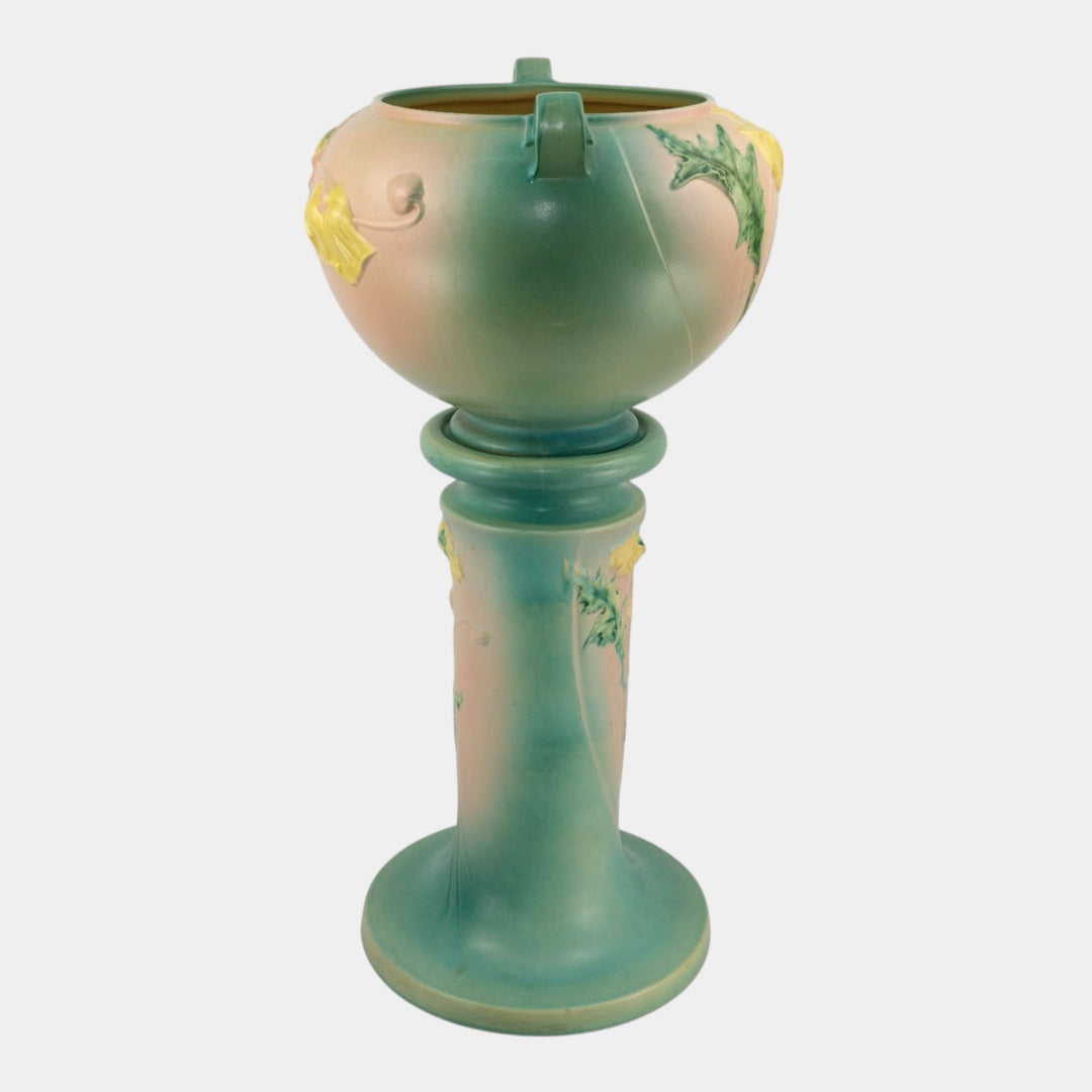 Roseville Poppy Green 1938 Vintage Art Pottery Jardiniere And Pedestal 642-10