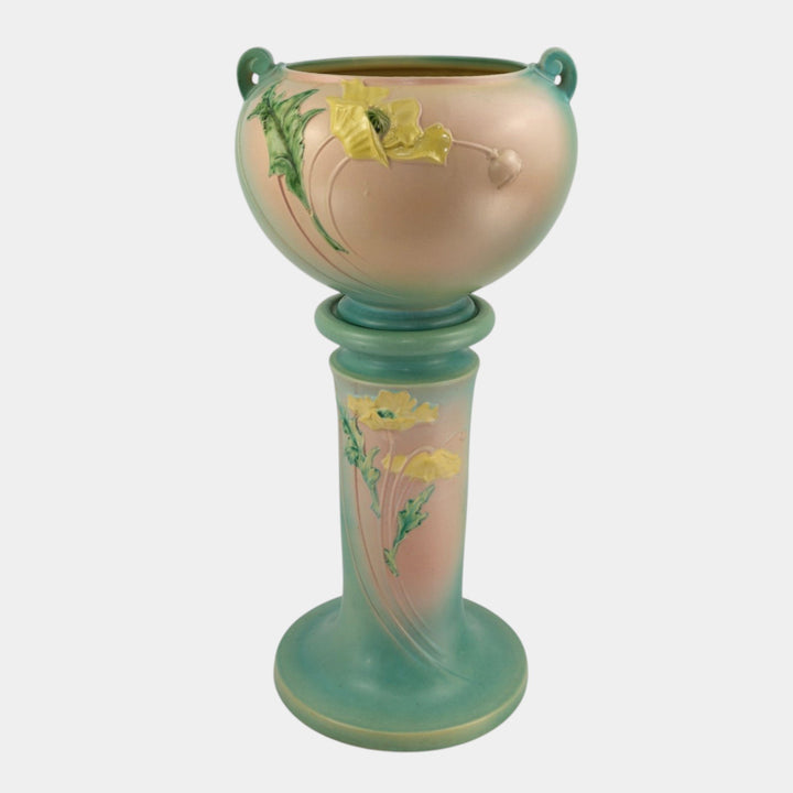 Roseville Poppy Green 1938 Vintage Art Pottery Jardiniere And Pedestal 642-10