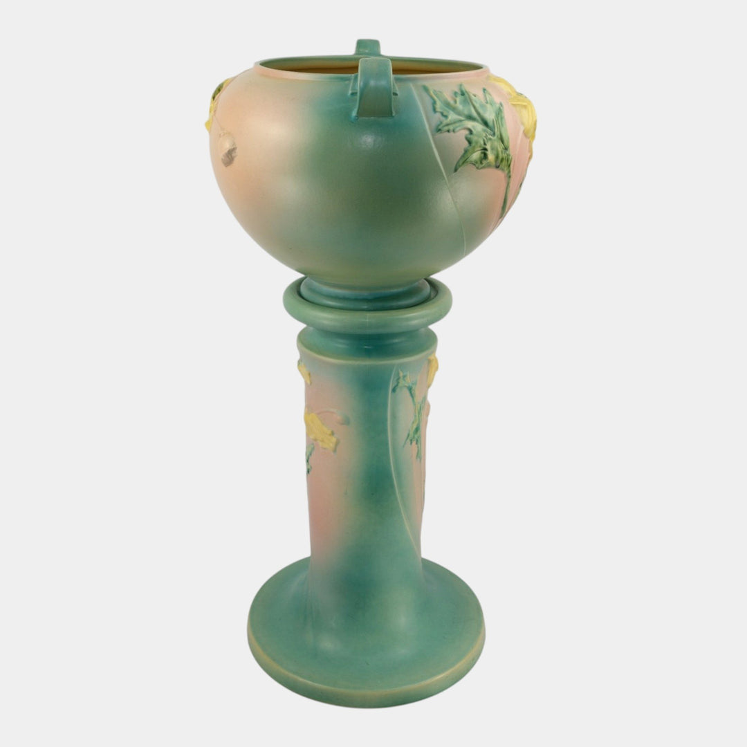 Roseville Poppy Green 1938 Vintage Art Pottery Jardiniere And Pedestal 642-10