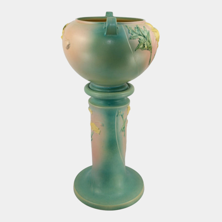 Roseville Poppy Green 1938 Vintage Art Pottery Jardiniere And Pedestal 642-10