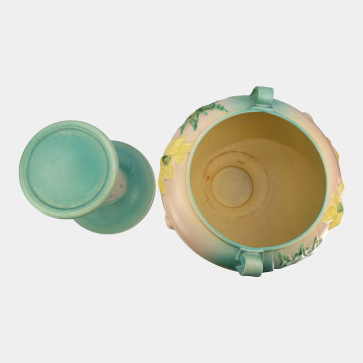 Roseville Poppy Green 1938 Vintage Art Pottery Jardiniere And Pedestal 642-10
