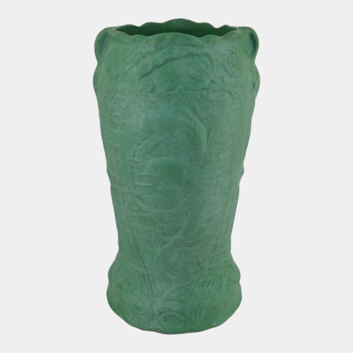 Roseville Chloron Matte Green Early 1900s Art Pottery Koi Fish Umbrella Stand