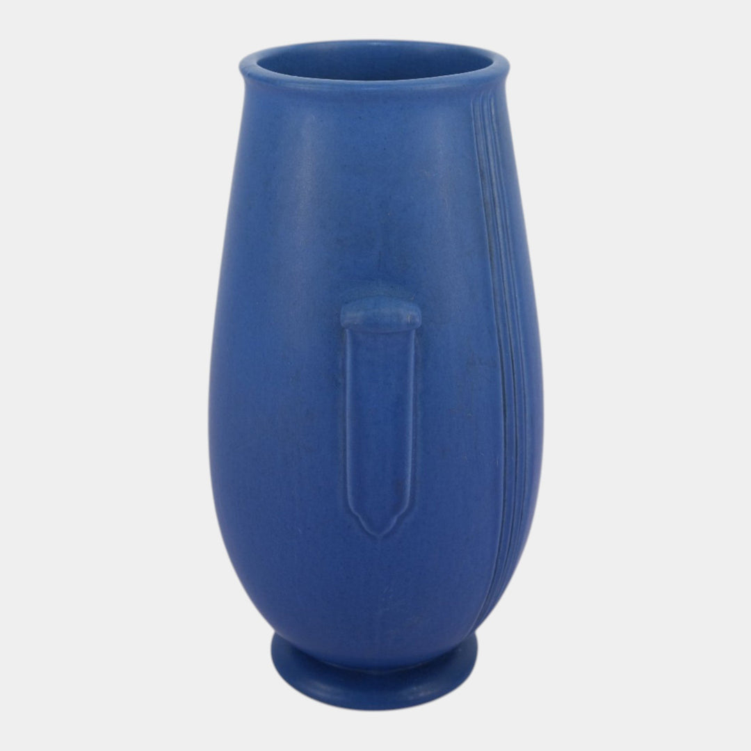 Weller Velva Blue 1928-33 Vintage Art Deco Pottery Floral Panel Handled Vase