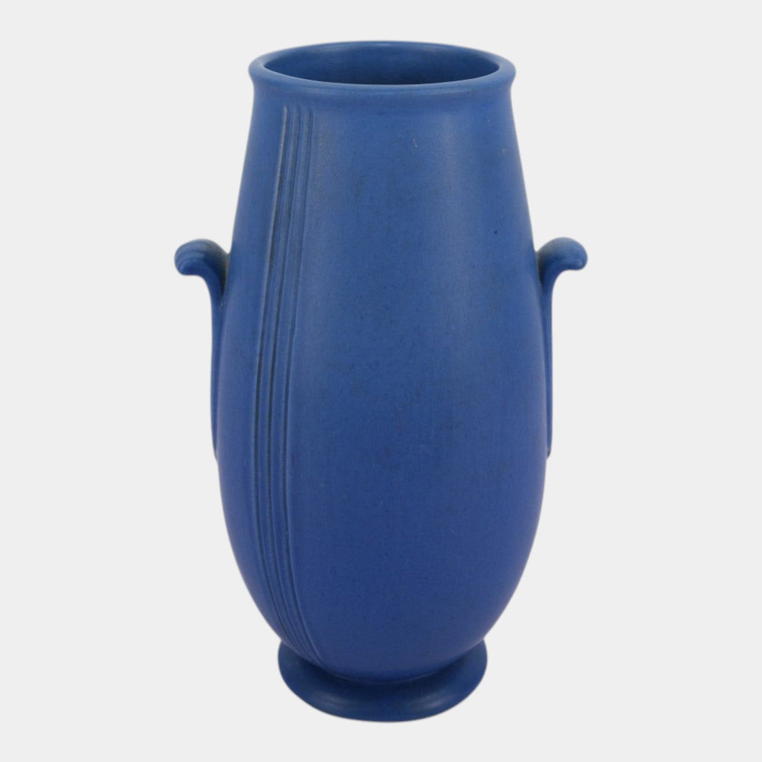 Weller Velva Blue 1928-33 Vintage Art Deco Pottery Floral Panel Handled Vase