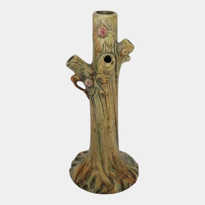 Weller Woodcraft 1920s Vintage Art Pottery Red Apple Tree Tall Ceramic Bud Case