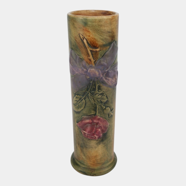 Weller Flemish 1920s Vintage Art Pottery Red Rose Purple Bowl Ceramic Bud Vase