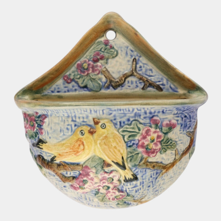 Weller Glendale 1920s Yellow Birds On Branch Pink Flowers Ceramic Wall Pocket