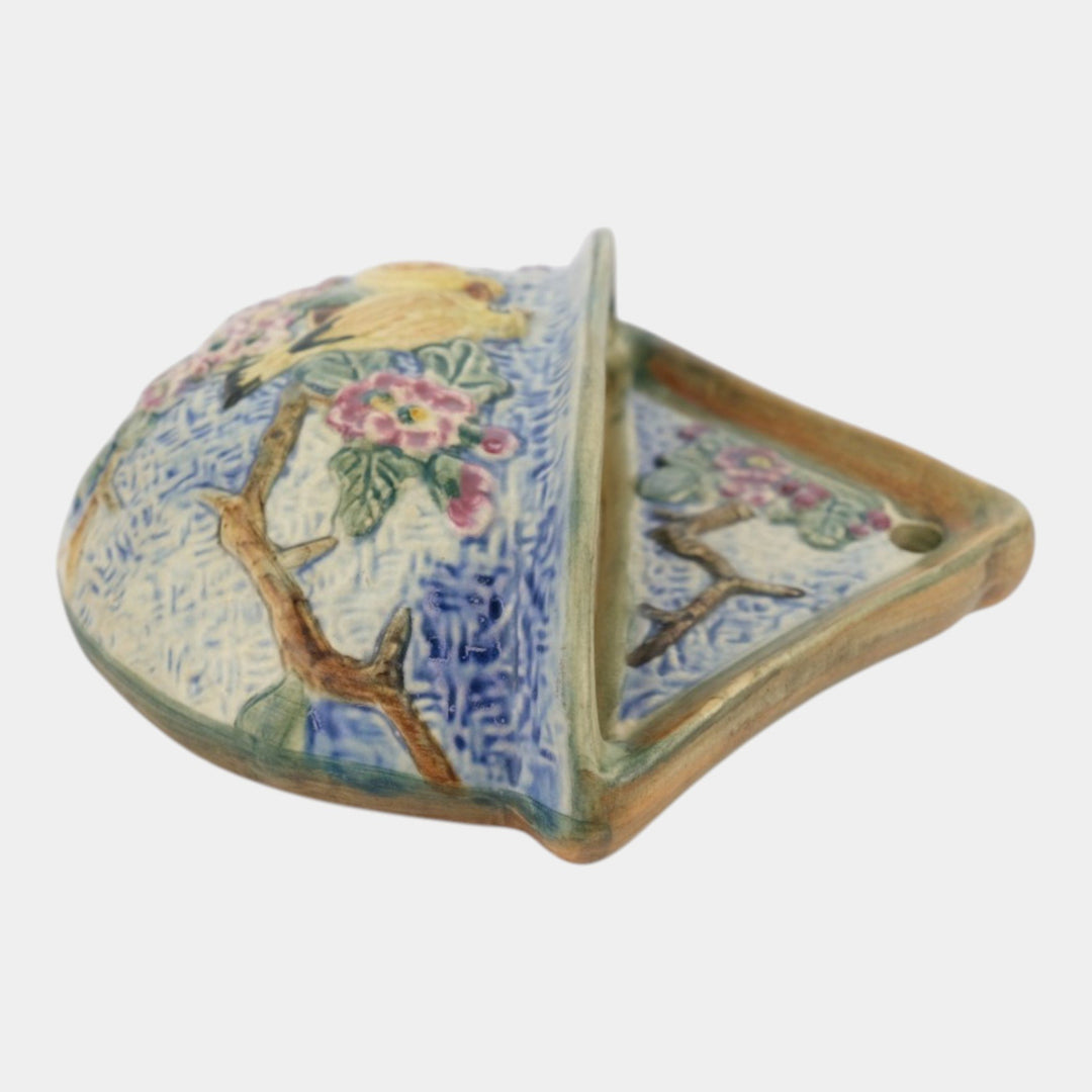 Weller Glendale 1920s Yellow Birds On Branch Pink Flowers Ceramic Wall Pocket